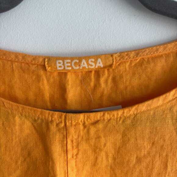 NWT Becasa Boardwalk Linen Sleeveless Front Pocket Mini Dress Sail Orange Medium - Picture 2 of 5